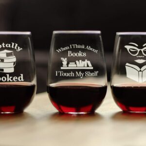When I Think About Books I Touch My Shelf - Stemless Wine Glass - Funny Gifts for Book Club Lovers and Readers - Large 17 Ounce