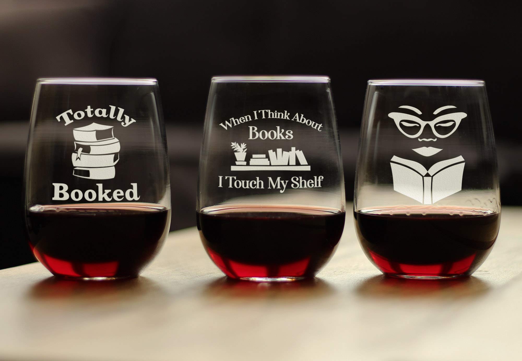 When I Think About Books I Touch My Shelf - Stemless Wine Glass - Funny Gifts for Book Club Lovers and Readers - Large 17 Ounce