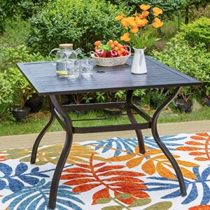 PHI VILLA 37" Patio Table for 4, Metal Outdoor Dining Table with E-Coating, Square Steel Slated Outdoor Table with 1.57" Umbrella Hole for Garden Backyard, Black