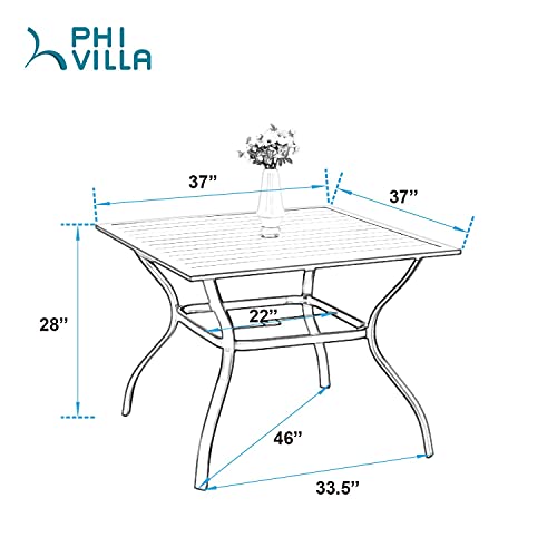 PHI VILLA 37" Patio Table for 4, Metal Outdoor Dining Table with E-Coating, Square Steel Slated Outdoor Table with 1.57" Umbrella Hole for Garden Backyard, Black