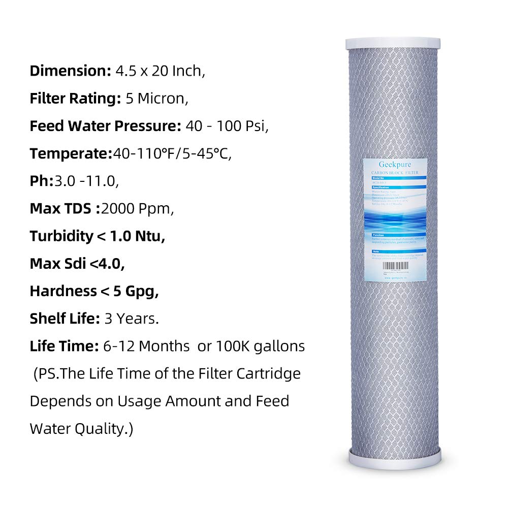 Geekpure 20-Inch Whole House Replacement Water Filter Cartridges PP Sediment and Block Carbon Filters-4.5 Inch x 20 Inch -5 Micron (Pack of 6)