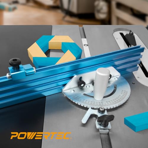 POWERTEC 71391 Table Saw Precision Miter Gauge System w/ 27 Angle Stops and 3/4”x 3/8”T-Slotted Miter Bar w/Removable T-Slot Plate; Includes 24”x 3” Multi T–Track Fence w/Scale, T-track Flip Stop