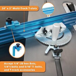 POWERTEC 71391 Table Saw Precision Miter Gauge System w/ 27 Angle Stops and 3/4”x 3/8”T-Slotted Miter Bar w/Removable T-Slot Plate; Includes 24”x 3” Multi T–Track Fence w/Scale, T-track Flip Stop