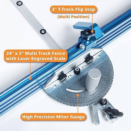 POWERTEC 71391 Table Saw Precision Miter Gauge System w/ 27 Angle Stops and 3/4”x 3/8”T-Slotted Miter Bar w/Removable T-Slot Plate; Includes 24”x 3” Multi T–Track Fence w/Scale, T-track Flip Stop