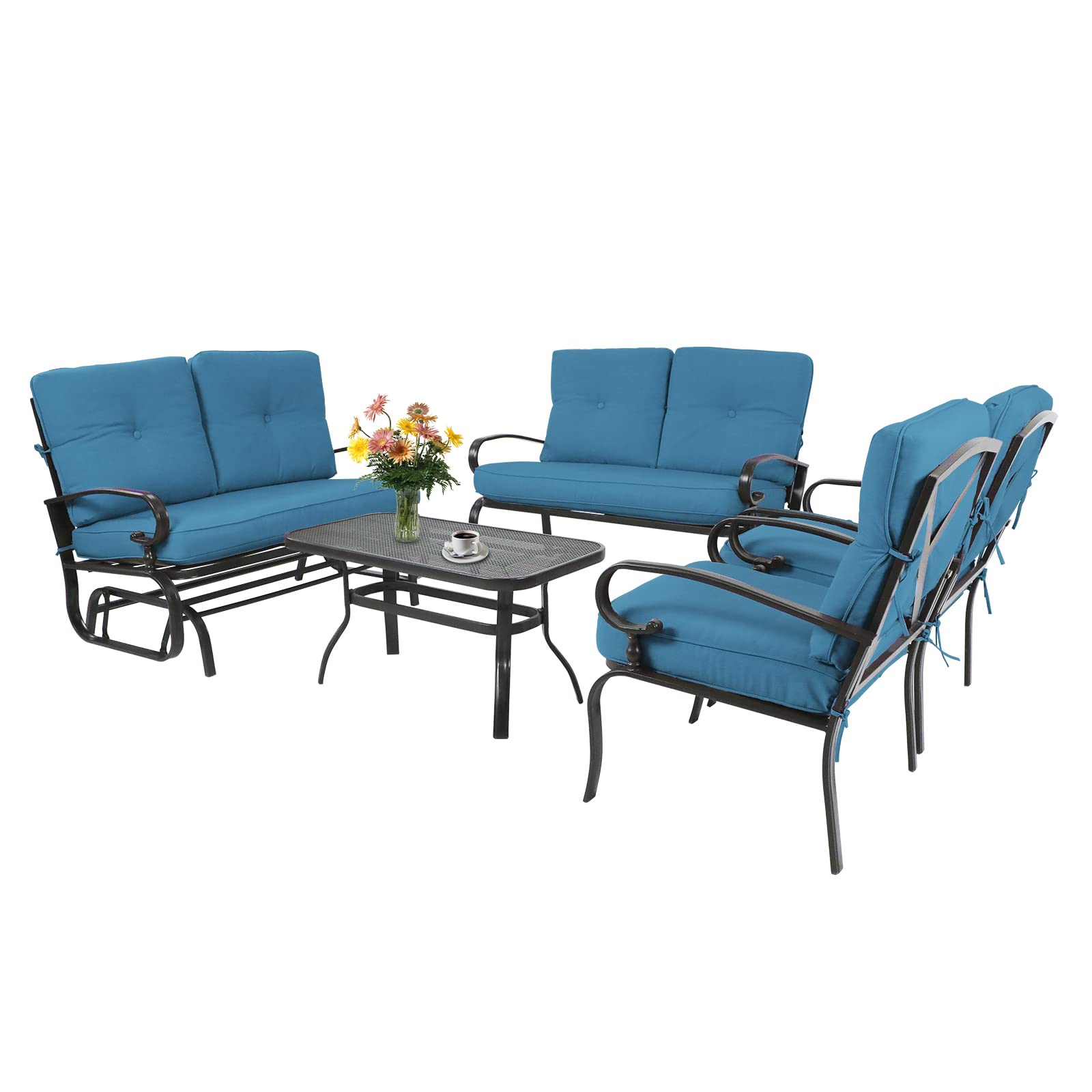 Incbruce 5 Pcs(6 Seats) Outdoor Metal Furniture Sets Wrought Iron Patio Conversation Sets, (Glider, 2 Single Chairs, Loveseat, and Coffee Table) with Cushion (Peacock Blue)