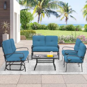 Incbruce 5 Pcs(6 Seats) Outdoor Metal Furniture Sets Wrought Iron Patio Conversation Sets, (Glider, 2 Single Chairs, Loveseat, and Coffee Table) with Cushion (Peacock Blue)