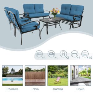 Incbruce 5 Pcs(6 Seats) Outdoor Metal Furniture Sets Wrought Iron Patio Conversation Sets, (Glider, 2 Single Chairs, Loveseat, and Coffee Table) with Cushion (Peacock Blue)