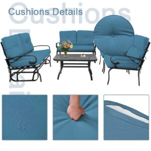 Incbruce 5 Pcs(6 Seats) Outdoor Metal Furniture Sets Wrought Iron Patio Conversation Sets, (Glider, 2 Single Chairs, Loveseat, and Coffee Table) with Cushion (Peacock Blue)