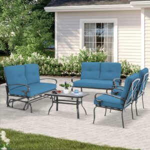 Incbruce 5 Pcs(6 Seats) Outdoor Metal Furniture Sets Wrought Iron Patio Conversation Sets, (Glider, 2 Single Chairs, Loveseat, and Coffee Table) with Cushion (Peacock Blue)