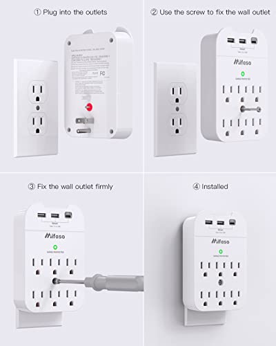 Outlet Extender - Wall Surge Protector with 6 Outlets 3 USB (1 USB C, 2 USB A), Multi Plug Outlet Splitter, Wall Mount Adapter with Top Phone Holder for Home, School, Office (490 Joules)