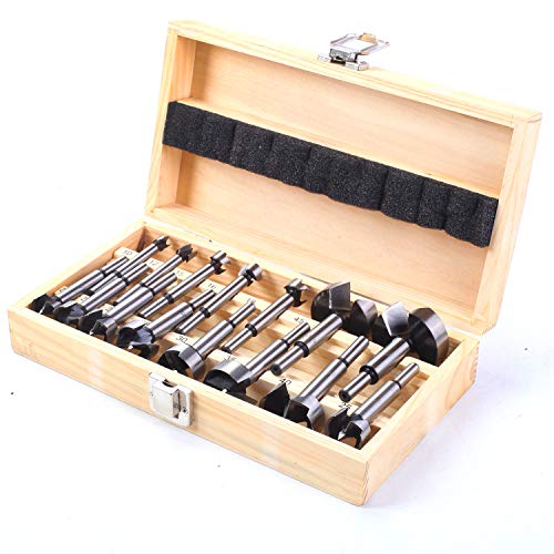 MYOYAY 15PCS Forstner Drill Bit Set Metric 10-50mm 2/5-2 Inch Carbon Steel Wood Punching Bits Woodworking Hole Saw Flat Wing Drilling Bits with Wooden Storage Box