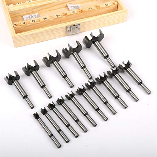 MYOYAY 15PCS Forstner Drill Bit Set Metric 10-50mm 2/5-2 Inch Carbon Steel Wood Punching Bits Woodworking Hole Saw Flat Wing Drilling Bits with Wooden Storage Box