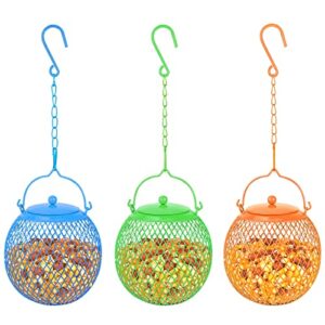 urban deco set of 3 ball bird feeder metal bird feeders squirrel proof bird feeders for bird seed birdfeeders outside hanging decoration garden feeder, green, blue orange