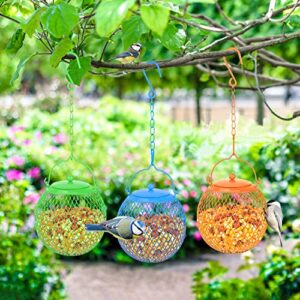 Urban Deco Set of 3 Ball Bird Feeder Metal Bird Feeders Squirrel Proof Bird Feeders for Bird Seed Birdfeeders Outside Hanging Decoration Garden Feeder, Green, Blue Orange