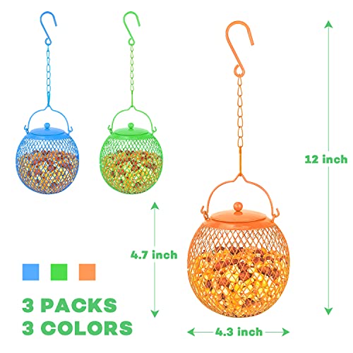 Urban Deco Set of 3 Ball Bird Feeder Metal Bird Feeders Squirrel Proof Bird Feeders for Bird Seed Birdfeeders Outside Hanging Decoration Garden Feeder, Green, Blue Orange