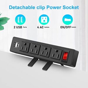 Desk Edge Power Strip with USB Port Removable Clamp Power Outlet Socket with Switch 6.5 ft Extension Cord Connect 4 Plugs for Home Office Reading