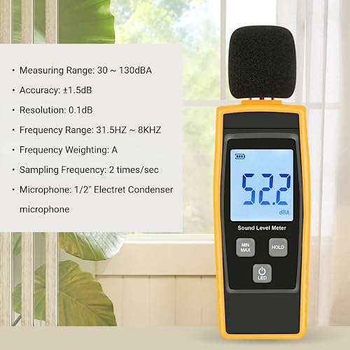 Decibel Meter, Digital Sound Level Meter Sound Noise Meter with 30 to 130 dBA Measuring Range, Data Hold, Digital Noise Meter Decibel Monitoring Tester for Home Factories