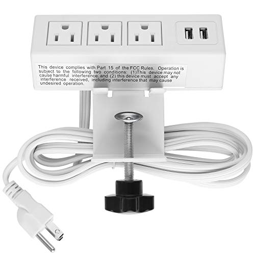 Desk Clamp Power Strip, Desktop Power Outlet Clamp Mount with 2 USB Ports, 3 AC Outlets, Mountable Desk Outlet Removable Power Plugs with 6.56ft Power Cord (3AC2USB-White)