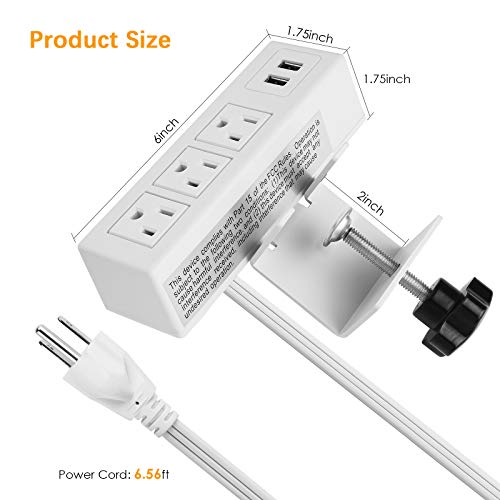 Desk Clamp Power Strip, Desktop Power Outlet Clamp Mount with 2 USB Ports, 3 AC Outlets, Mountable Desk Outlet Removable Power Plugs with 6.56ft Power Cord (3AC2USB-White)