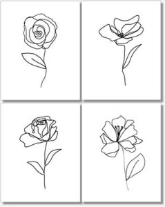 black and white wall art - flower line drawings - botanical prints - abstract pictures - set of 4-11x14 - unframed (11x14)