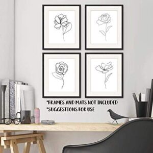 Black and White Wall Art - Flower Line Drawings - Botanical Prints - Abstract Pictures - Set of 4-11x14 - Unframed (11x14)