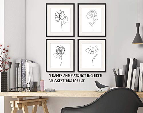 Black and White Wall Art - Flower Line Drawings - Botanical Prints - Abstract Pictures - Set of 4-11x14 - Unframed (11x14)