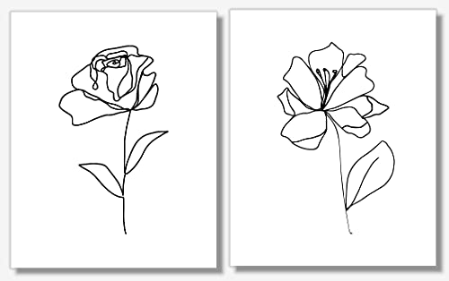 Black and White Wall Art - Flower Line Drawings - Botanical Prints - Abstract Pictures - Set of 4-11x14 - Unframed (11x14)