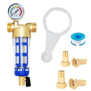 beduan reusable spin down sediment water filter for whole house prefilter system protector,1"male thread,3/4"male & female thread,1/2"male thread (50 micron & pressure gauge)