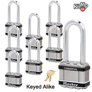 Master Lock Magnum Padlock - 2" W x 2-1/2"L Shackle, Eight (8) Keyed Alike Locks M5NKALJSTS-8 w/BumpStop Technology