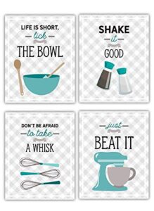 teal blue retro vintage kitchen wall art prints - set of 4-8x10 unframed gray, teal & white kitchen utensil digital prints perfect for rustic, modern farmhouse, mid-century,country decor.