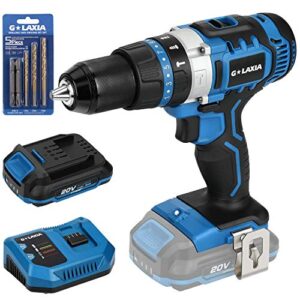 g laxia 20v lithium ion 2-speed cordless drill driver with variable speed, max torque(50n.m), 21+3 clutch, 1/2 inch keyless chuck, built-in led, metal belt clip, 2.0ah battery & 1 fast charger