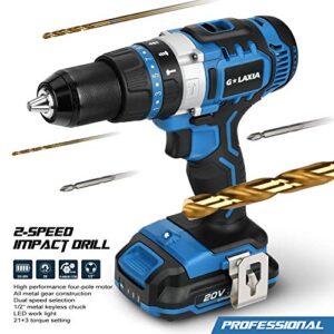 G LAXIA 20V Lithium Ion 2-Speed Cordless Drill Driver with Variable Speed, Max Torque(50N.m), 21+3 Clutch, 1/2 inch Keyless Chuck, Built-in LED, Metal Belt Clip, 2.0Ah Battery & 1 Fast Charger