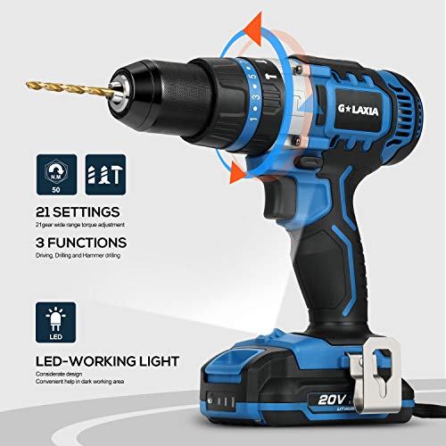 G LAXIA 20V Lithium Ion 2-Speed Cordless Drill Driver with Variable Speed, Max Torque(50N.m), 21+3 Clutch, 1/2 inch Keyless Chuck, Built-in LED, Metal Belt Clip, 2.0Ah Battery & 1 Fast Charger