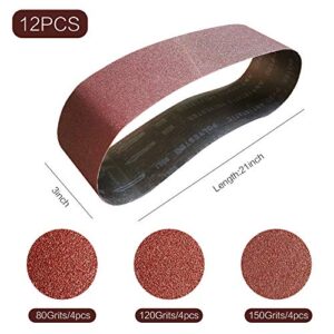 3x21 3 x 21 Inch Sanding Belt Pack 3-Inch x 21-Inch,12 Pcs(4 Each of 80 120 150 Grits) Aluminum Oxide for Sander