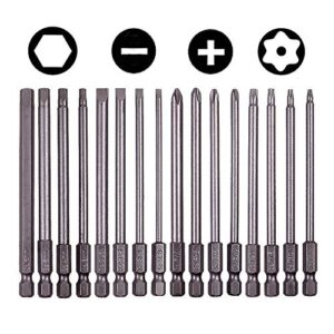 rocaris 16 pack 1/4 inch hex shank long magnetic screwdriver bits set 4 in power tools(slotted+cross+hex+plum blossom)