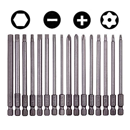 Rocaris 16 Pack 1/4 Inch Hex Shank Long Magnetic Screwdriver Bits Set 4 in Power Tools(Slotted+Cross+Hex+Plum blossom)