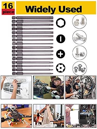 Rocaris 16 Pack 1/4 Inch Hex Shank Long Magnetic Screwdriver Bits Set 4 in Power Tools(Slotted+Cross+Hex+Plum blossom)