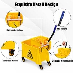 GOPLUS Commercial Mop Bucket with Wringer, Household Portable Mop Bucket, Ideal for Household and Public Places Floor, 21 Quart Capacity, Yellow (21 Quart)