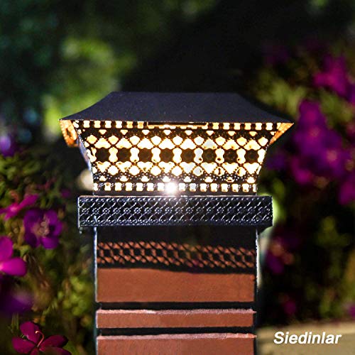 SIEDiNLAR Solar Post Lights Outdoor Fence Deck Cap Light Solar Powered Metal Warm White LED Lighting Waterproof for Garden Patio Decoration 4x4 5x5 Wooden Posts Black (2 Pack)