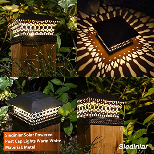 SIEDiNLAR Solar Post Lights Outdoor Fence Deck Cap Light Solar Powered Metal Warm White LED Lighting Waterproof for Garden Patio Decoration 4x4 5x5 Wooden Posts Black (2 Pack)