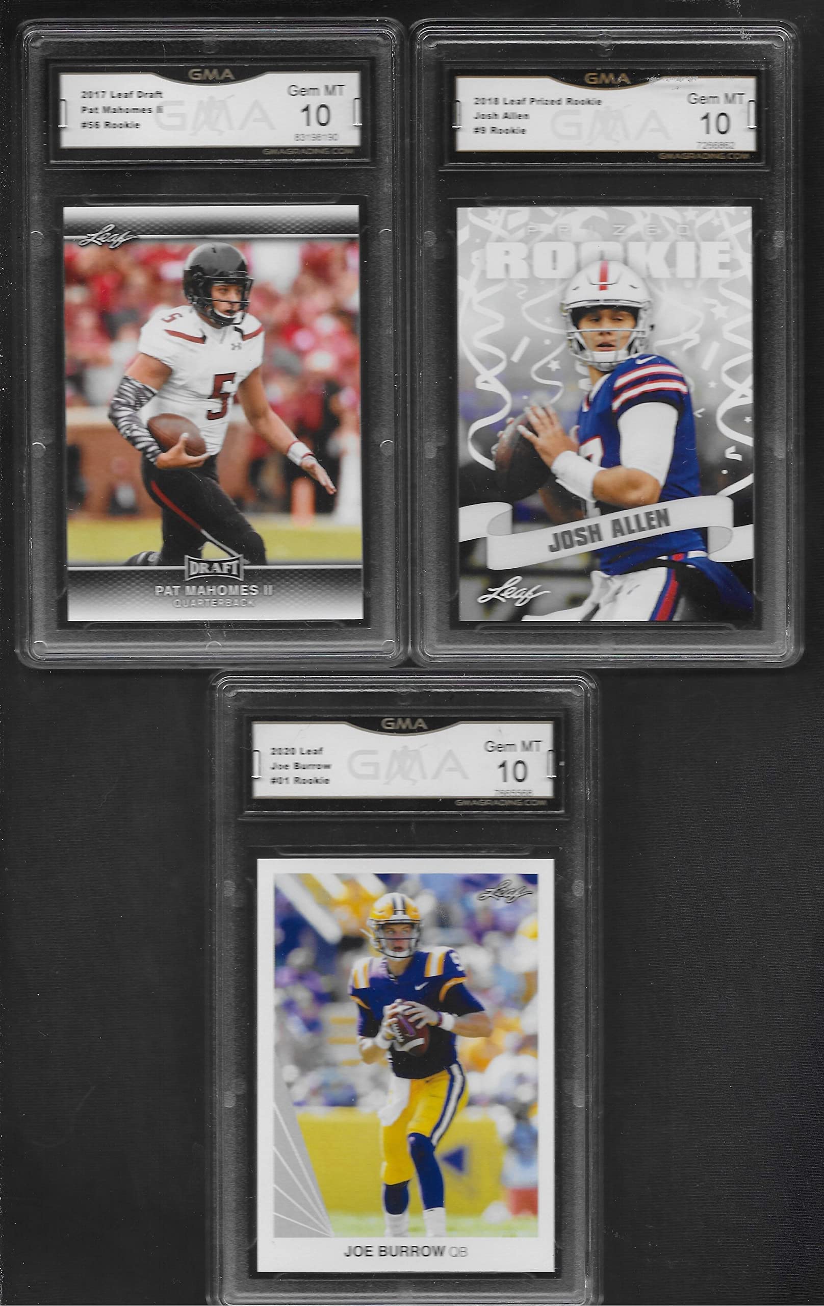 Pat Mahomes Joe Burrow & Josh Allen 3 Card Leaf Rookie Lot Graded Gem Mint 10 Hot Young Quarterbacks