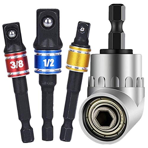 Newte Right Angle Drill Attachment, 4-in-1 Impact Drill Bit Extension, Joint Socket 1/4 3/8 1/2 In Hand Power Wrench Ratchet Drill Adapter/Extension Set Turns Power Drill Into High Speed Nut Driver