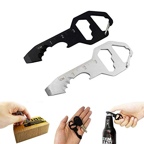 2PCS Keychain Bottle Opener Multi Tool, 100% Stainless Steel EDC Gadget, 6 Tools in 1 [Bottle Opener, Wrench, Screw Driver, Metric Ruler,Cord Cutter] Universal Everyday Carry Pocket and Backpack Tool