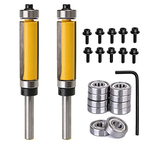 Yakamoz 2Pcs 1/4'' Shank Top and Bottom Bearing Guide Flush Trim Pattern Router Bit Set Woodworking Cutter Tool with 10 Pcs Top Mounted Replacement Bearings