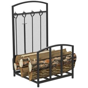homcom firewood rack with fireplace tools, indoor outdoor firewood holder for fireplace, wood stove, hearth or fire pit, wood storage log rack includes poker, tongs, broom, shovel, black