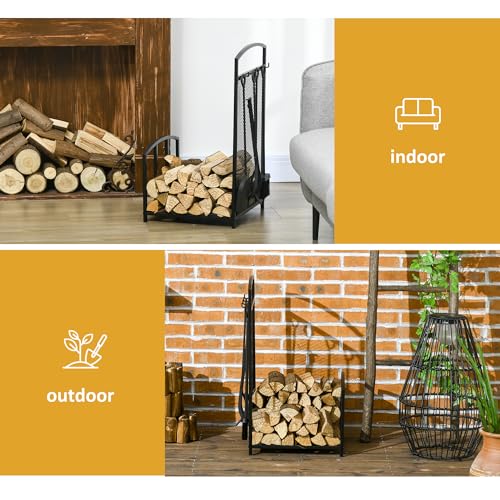 HOMCOM Firewood Rack with Fireplace Tools, Indoor Outdoor Firewood Holder for Fireplace, Wood Stove, Hearth or Fire Pit, Wood Storage Log Rack Includes Poker, Tongs, Broom, Shovel, Black