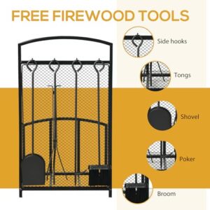 HOMCOM Firewood Rack with Fireplace Tools, Indoor Outdoor Firewood Holder for Fireplace, Wood Stove, Hearth or Fire Pit, Wood Storage Log Rack Includes Poker, Tongs, Broom, Shovel, Black