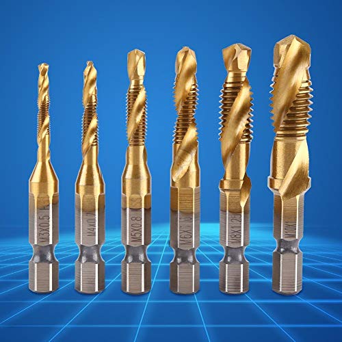 6pcs HSS Tap Drill Bit Set, 2 in 1 Speed Steel Metric Thread, M3 M4 M5 M6 M8 M10 Coated HSS Drill and Tap Bits,HSS Metric Hex Shank Screw Taps Tool Set