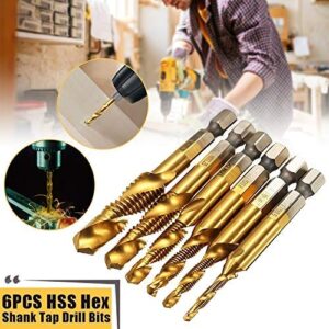 6pcs HSS Tap Drill Bit Set, 2 in 1 Speed Steel Metric Thread, M3 M4 M5 M6 M8 M10 Coated HSS Drill and Tap Bits,HSS Metric Hex Shank Screw Taps Tool Set