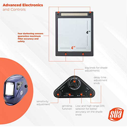 SÜA Welding Helmet - Model: Vector - Auto Darkening - Largest Viewing Area: 4" x 4" - Photovoltaic Powered - Ergonomic Headgear - Color: Blue